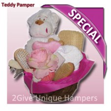This practical hamper for hosts a lovable white monkey holding a heart with all the bathing accessories required by any lovable woman.  From Exfoliating gloves, hair brush, nail brush to a toweling headband.  All for the pampering on our moms!
